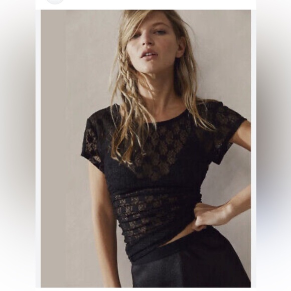 Free People Keep it Simple Lace Top Lace Baby Tee T-shirt Black Extra Large - Picture 4 of 16
